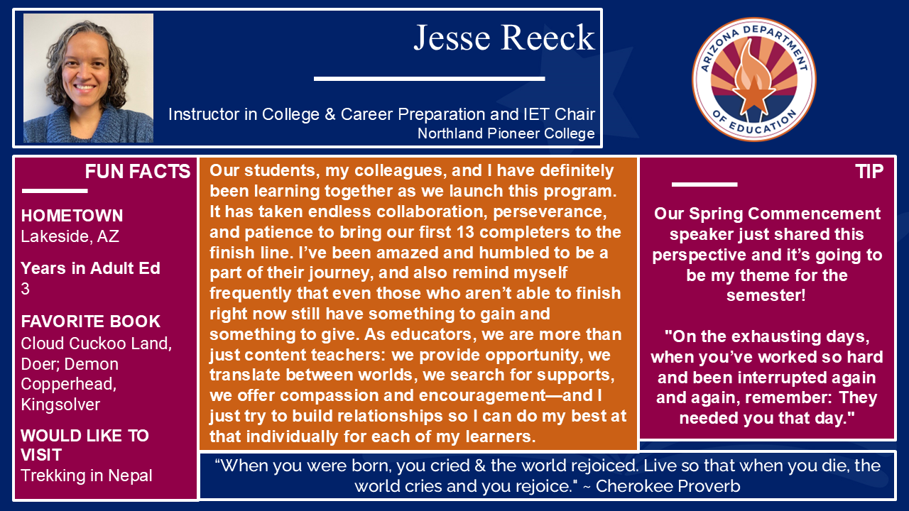 Teacher spotlight for Jesse Reeck. Reach out to the Teaching and Learning Team for more information at AESTandL@azed.gov.